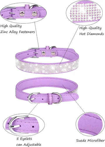 Miniatura 3 de Collar de perro para perros medianos, collares de perro ajustables de cuero gamuza con brillantes, collar de perro rojo rosa, collar de gato, collar