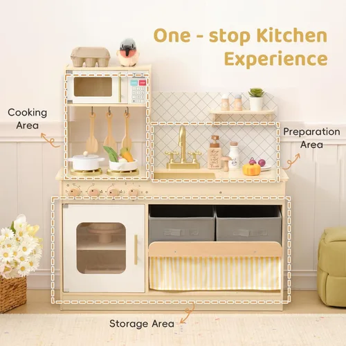Miniatura 7 de OOOK Juego de cocina de madera con sistema de almacenamiento, cocina para niños con muchas características de juego, juego de cocina para niños