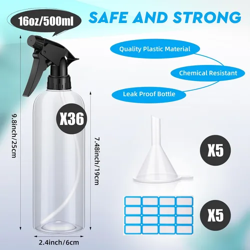 Miniatura 2 de Lallisa 36 botellas de plástico de 16 onzas a prueba de fugas, botellas vacías para soluciones de limpieza, botella rociadora de agua con boquilla