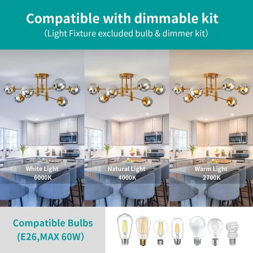 Miniatura 4 de DDLLDESHI Lámpara de araña de 6 luces dorada con cubierta esférica de vidrio Sputnik, lámpara de techo de 34" de gran tamaño para comedor, lámparas