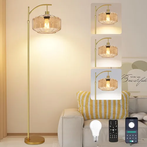 Miniatura 8 de Lámpara de pie dorada para sala de estar con 3 temperaturas de color, lámparas de pie bohemias de arco con control remoto, lámpara de pie de ratán