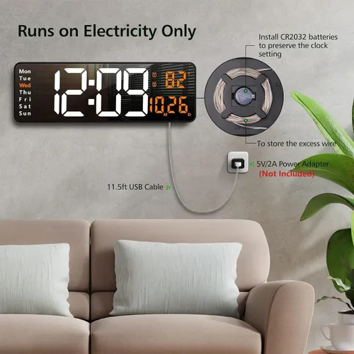 Miniatura 4 de Zgrmbo Reloj de pared digital grande de 16 pulgadas con control remoto, pantalla grande LED reloj de pared para sala de Blanco