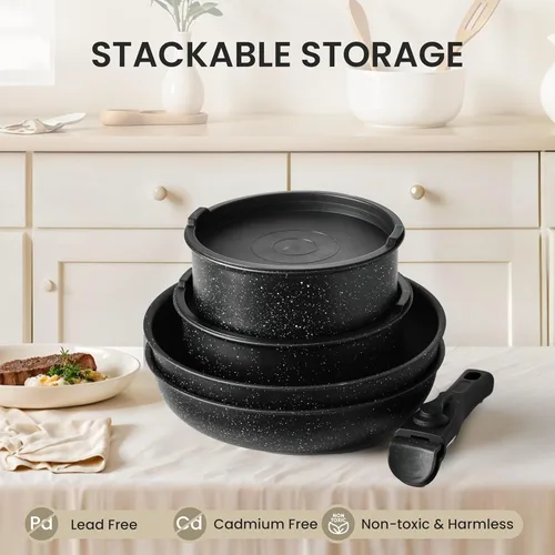 Miniatura 7 de Simple Deluxe Juego de 12 utensilios de cocina antiadherentes, con textura de granito negro y asas desmontables, resistentes a altas temperaturas
