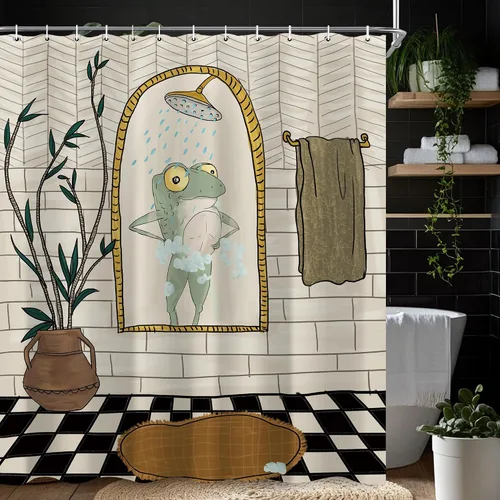 Miniatura 5 de Juego de cortina de ducha divertida con diseño de ranas para el baño 60x72 pulgadas, cortina de ducha retro linda con diseño de ranas, cortina