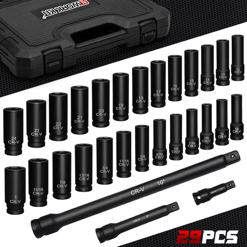 Miniatura 5 de Juego de llaves de impacto de 1/2 pulgada, 29 piezas, acero Cr-V-M, cubos profundos SAE (3/8" - 1") y tamaños métricos (10-24 mm), con barra