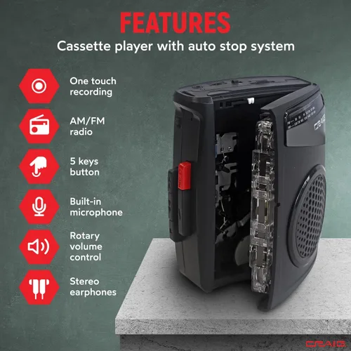 Miniatura 2 de Craig Reproductor de cassette estéreo/grabadora con auriculares: radio AM/FM portátil y sistema de grabación de un solo toque