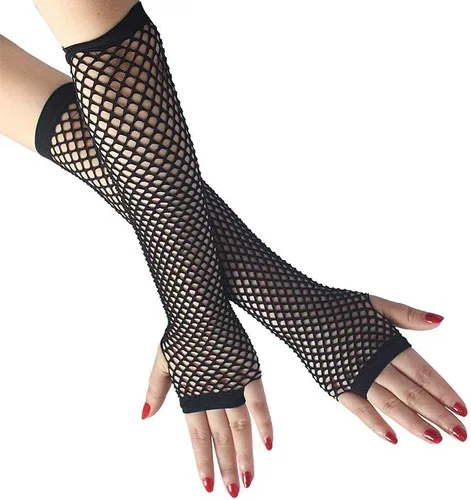 Guantes de red negros Mangas largas de encaje elástico para brazos, accesorio de fiesta, guantes huecos sin dedos de nailon negro de los años 20