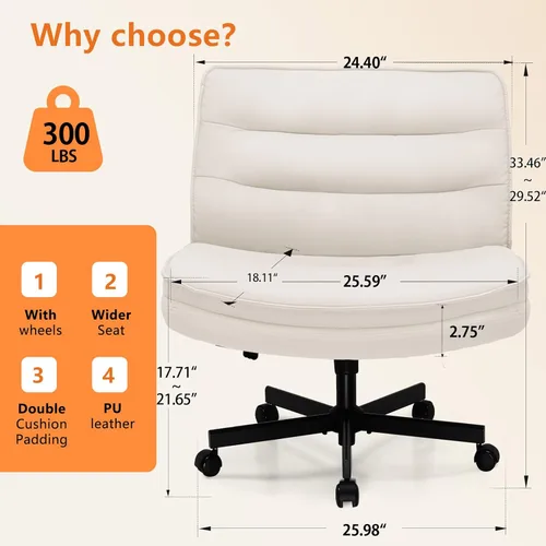 Miniatura 2 de COMHOMA Silla cruzada con ruedas, silla de oficina con patas cruzadas sin brazos, silla de escritorio ancha para oficina en casa, silla giratoria