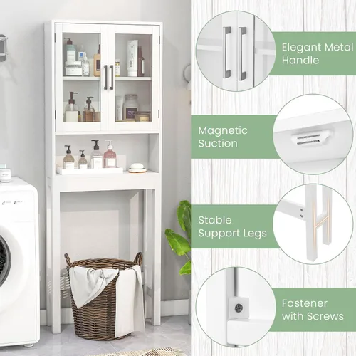 Miniatura 4 de Armario sobre el inodoro, organizador de almacenamiento de baño con puertas de vidrio templado dobles y estante ajustable, estante de inodoro