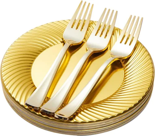 Miniatura 2 de N9R 60 platos de postre de plástico dorado con tenedores y 72 vasos de plástico dorados