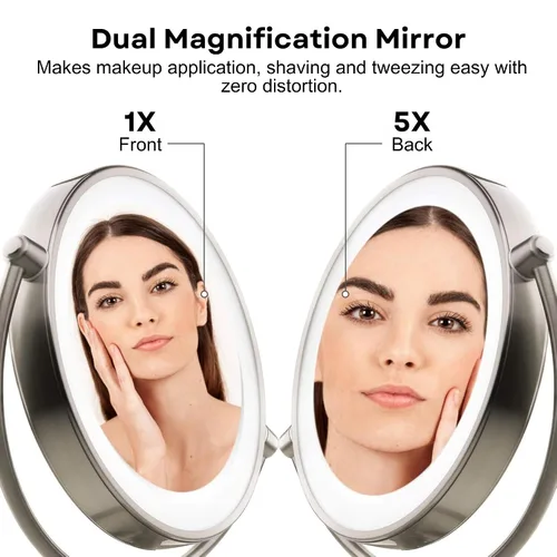 Miniatura 2 de OVENTE Espejo de maquillaje de mesa iluminado de 9 pulgadas con aumento 1X/5X, espejo de tocador de aumento de doble cara con luces LED regulables