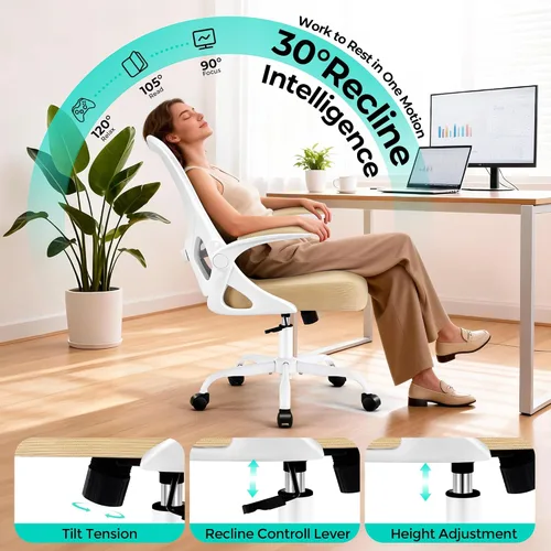 Miniatura 4 de AreShark Silla de oficina – Silla de escritorio ergonómica de malla transpirable con soporte lumbar ajustable y reposabrazos abatibles – Silla Caqui