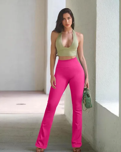 Miniatura 3 de OQQ Pantalones de yoga para mujer, 2 piezas, acanalados, sin costuras, para entrenamiento, cintura alta, acampanados, leggings acampanados