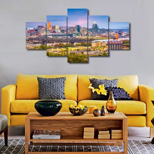 Miniatura 4 de TUMOVO Fotos en lienzo de Estados Unidos, Cincinnati, Ohio, Skyline at Dusk para tu sala de estar, impresiones de paisaje urbano de rascacielos