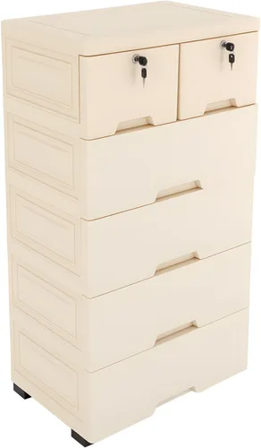 LOYALHEARTDY Cómoda de plástico con 6 cajones, organizador alto para sala de juegos, muebles, 5 ruedas, 2 cerraduras, capacidad de carga de 66 Color