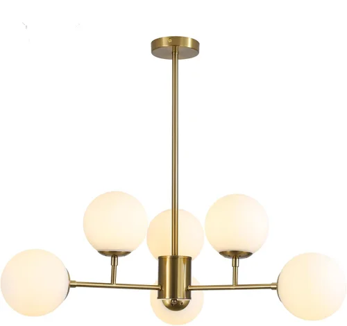 Miniatura 10 de BOKT Lámpara colgante moderna de mediados de siglo con 6 luces, lámpara colgante de globo de latón cepillado, lámpara Sputnik grande de globo