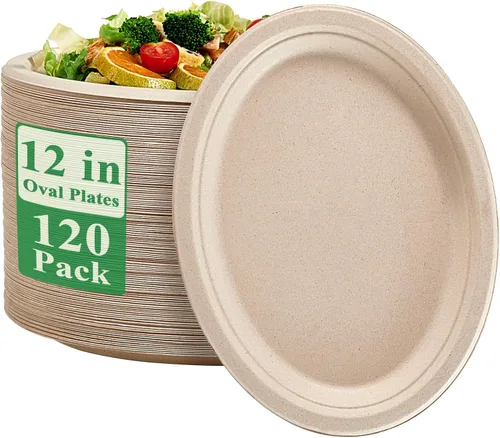 Miniatura 8 de Vplus Platos de papel ovalados 100% compostables 10 pulgadas 125 unidades Platos de papel desechables súper resistentes de bagazo natural 10
