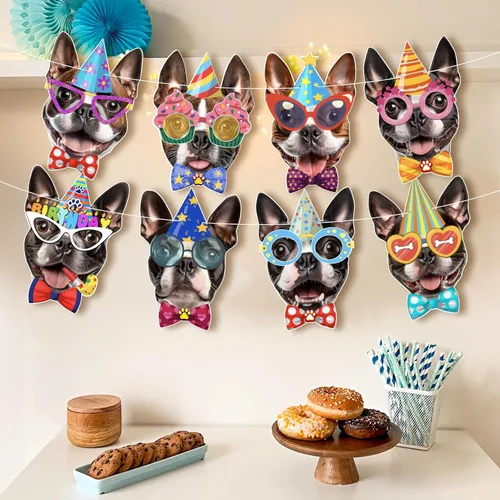 Miniatura 5 de Guirnalda de cumpleaños para perro Boston Terrier, pancarta de cumpleaños con caras fotográficas de Boston Terrier, decoración divertida de fiesta
