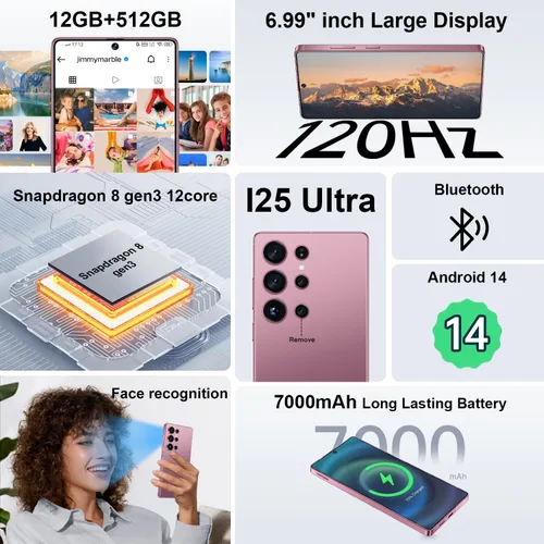 Miniatura 2 de I25 Ultra 5G - Teléfono inteligente desbloqueado, 16 GB+512 GB 7000 mAh, teléfono celular completamente para Android 14, pantalla HD de 6.99 2-Rosa