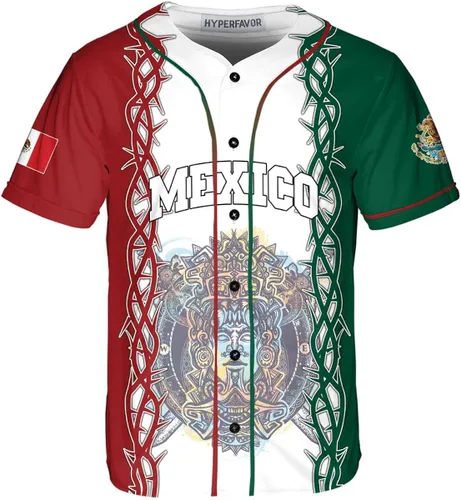 HYPERFAVOR Camiseta de México con botón completo para hombre, camiseta de béisbol de México para hombre, camisas de manga corta para hombre, regalos