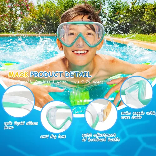 Miniatura 4 de Máscara de natación para niños, gafas de natación para niños de 180° antivaho, a prueba de fugas, con cubierta de nariz y correa de tela para edades