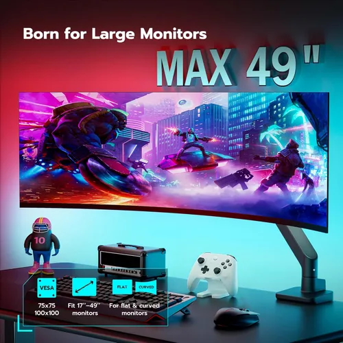 Miniatura 3 de ARES WING Brazo de monitor ultraancho para pantalla curvada de servicio pesado de 17 a 49 pulgadas, soporta 44 libras, brazo de monitor ajustable
