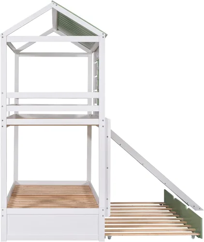 Miniatura 8 de Litera de casa individual sobre cama individual con tobogán convertible y nido, litera de madera maciza con techo y ventana para niños, verde-blanco