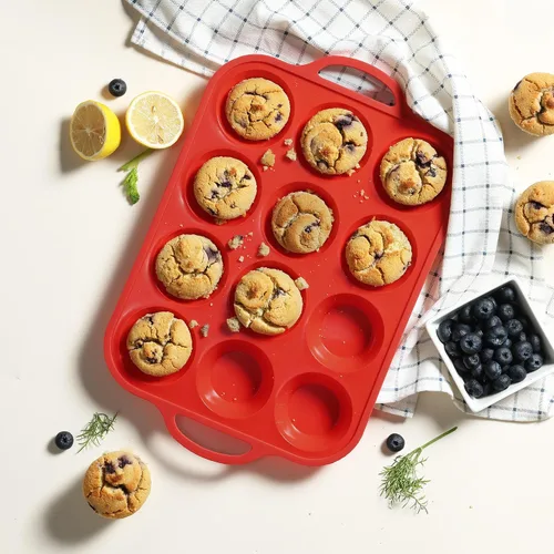 Miniatura 7 de 12 Tazas Molde para Muffins de Silicona con Marco Reforzado de Metal, Molde Regular para Cupcakes, Bandeja para Huevos, Moldos Circulares de Rojo