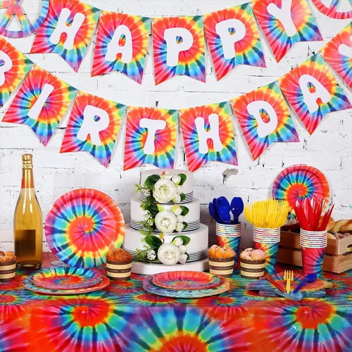 Miniatura 3 de Yaomiao Juego de vajilla de 171 piezas con diseño de teñido anudado para decoración de cumpleaños, para fiestas, incluye 24 unidades, incluye