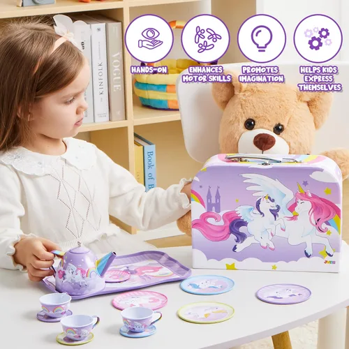 Miniatura 5 de JOYIN Juego de fiesta de té de unicornio para niñas pequeñas, juego de tetera de lata morada, juguete de cocina con tetera, taza, plato, funda