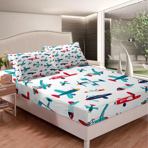 Juego de sábanas bajeras de dibujos animados de aviones para niños y niñas, juguetes de dibujos animados, ropa de cama con vehículos aeronáuticos,