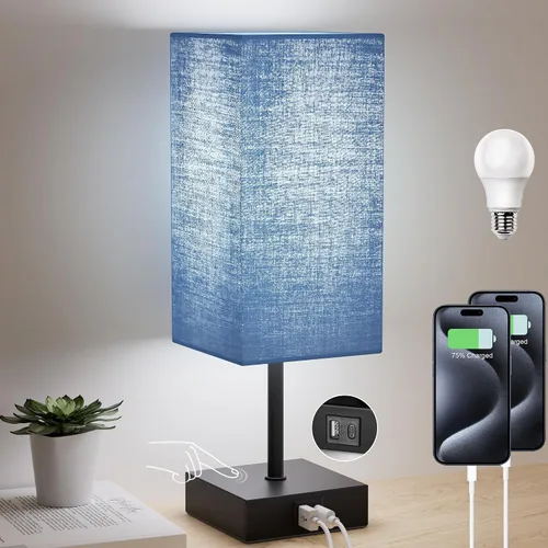 Miniatura 9 de Juego de 2 lámparas de mesa de dormitorio Sailstar, lámpara táctil con puertos de carga USB C+A, lámparas regulables de 3 vías para mesitas de Negro