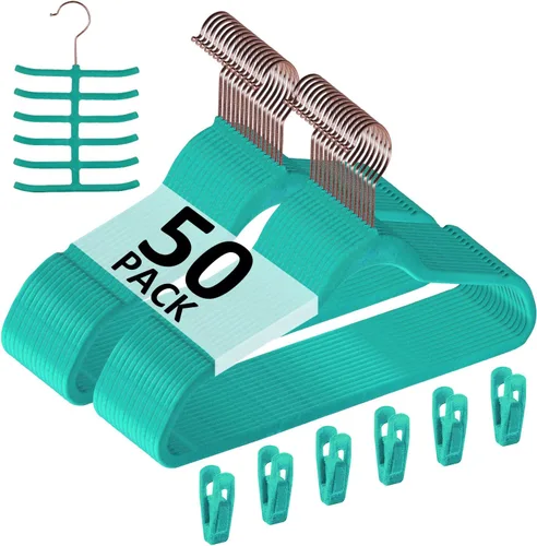 Miniatura 30 de VECELO Perchas de terciopelo de alta calidad resistentes (paquete de 60), antideslizantes y ahorran espacio con 8 clips para los dedos y soporte