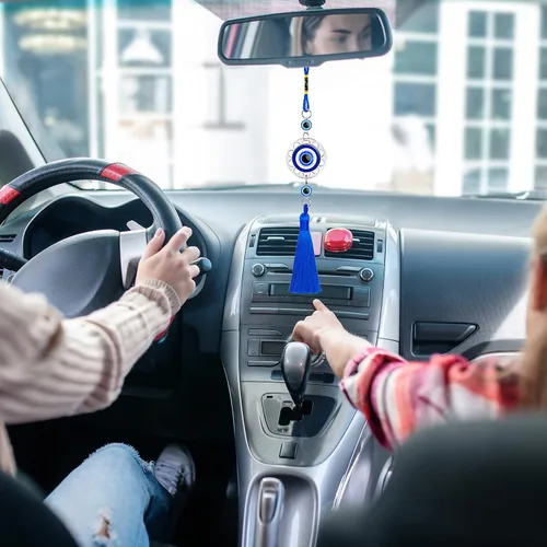 Miniatura 5 de Adorno colgante de ojo malvado de la suerte para automóvil, resina azul, cuentas contra el mal de ojo, dije con borla, espejo retrovisor, accesorios