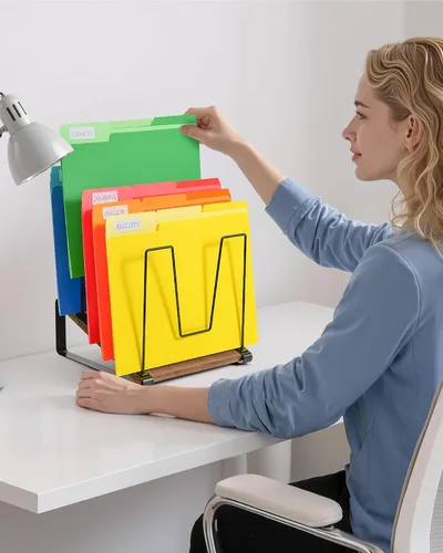 Miniatura 6 de HULISEN Organizador de archivos de escritorio inclinado, soporte vertical para carpetas de archivos de 5 secciones, estante clasificador de archivos