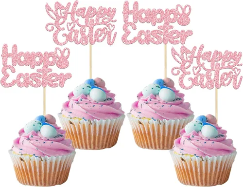 Miniatura 10 de Gyufise Paquete de 24 adornos azules con purpurina para cupcakes de Pascua con orejas de conejo de Pascua, decoraciones para fiesta de Pascua