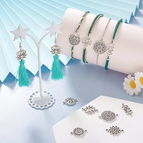 Miniatura 3 de Pandahall - 120 dijes de flores tibetanas con conector de chakras, aleación de plata antigua, dijes de conector de flores huecas, 12 estilos