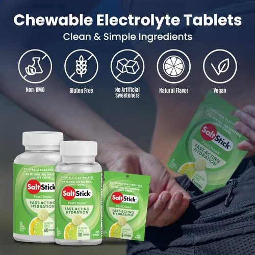 Miniatura 4 de SaltStick FastChews 60 pastillas de electrolitos masticables, sabor lima limón, pastillas de sal para correr, hidratación rápida, alivio