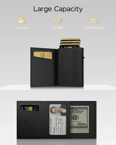 Miniatura 2 de Cartera para hombre – Cuero minimalista de triple pliegue, funda inteligente para tarjetas emergentes con bloqueo RFID, soporte delgado de metal