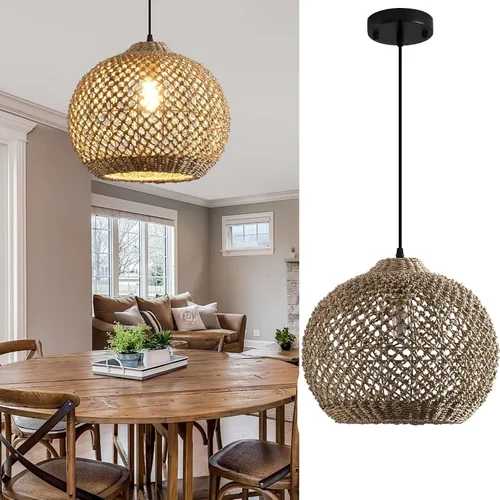 Miniatura 9 de Lámpara colgante de ratán de 3 luces, estilo bohemio, tejido de mimbre, costero, para colgar en el techo, para cocina, isla, sala de estar, comedor