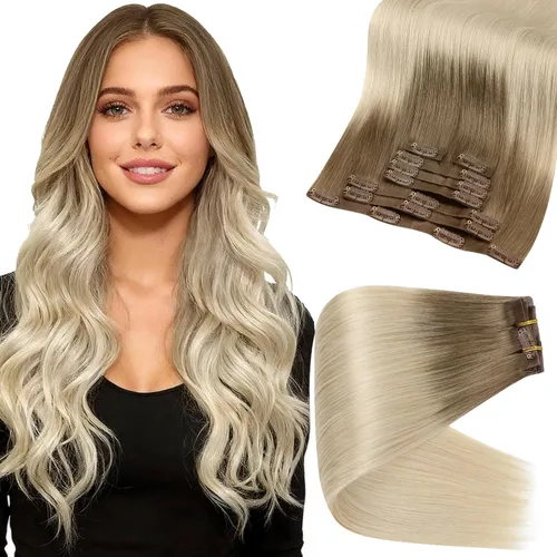 Miniatura 19 de Full Shine Extensiones de cabello humano con pinzas, cabello humano Remy invisible para mujer, color rubio platino, 20 pulgadas, 8 unidades, 4.23 oz