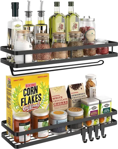 Organizador de 15.7 pulgadas, 2 unidades [versión mejorada] Estante organizador colgante de condimentos con soporte para toallas de papel, Negro mate