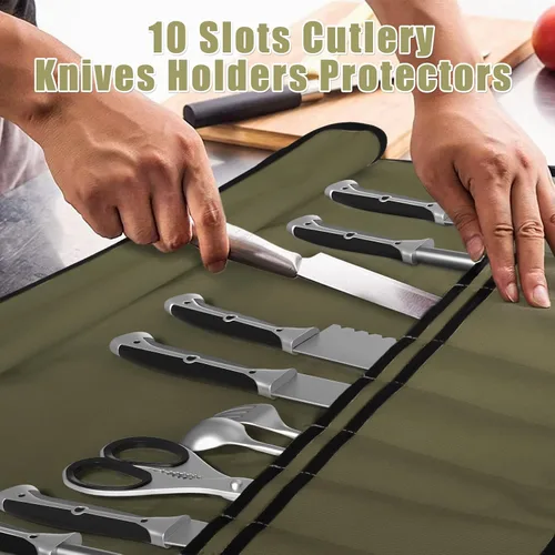 Miniatura 5 de QIQU Bolsa de Cuchillos de Chef Verde Militar con 10 Ranuras Portacuchillos de Cuchillería Protectores, Herramientas de Cocina para el Hogar Viajes