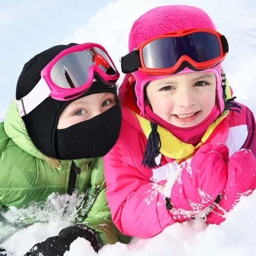 Miniatura 4 de Juego de 4 pasamontañas para niños, máscara de esquí y guantes de forro polar, gorro de invierno, máscara facial cálida para niños y niñas de 8 a 12
