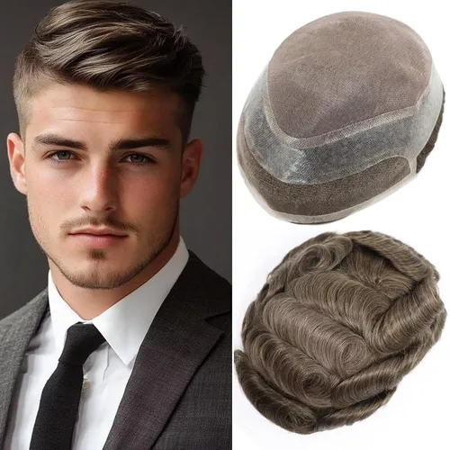 Miniatura 16 de HAPPY&CC Toupee - Piezas de cabello humano con encaje frontal suizo para hombre, parte superior fina mono con poliuretano alrededor de sistema de #1B