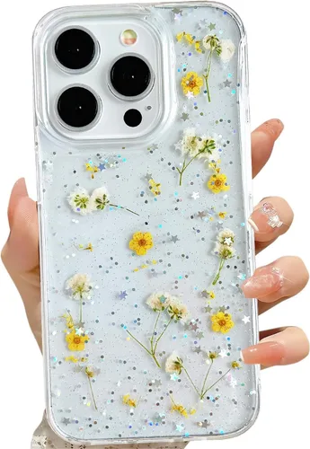 Miniatura 34 de LSEEKA Funda transparente para iPhone 13 Mini/iPhone 12 Mini con diseño de flores reales prensadas, con purpurina, bonito patrón floral blanco, Oro