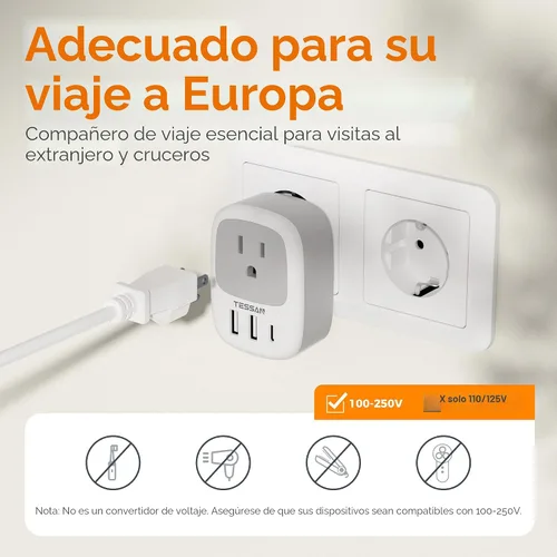Miniatura 5 de Paquete de 2 adaptadores de enchufe de viaje europeo, TESSAN adaptador de enchufe de EE. UU. a Europa con 3 puertos USB (1 USB C), toma de corriente