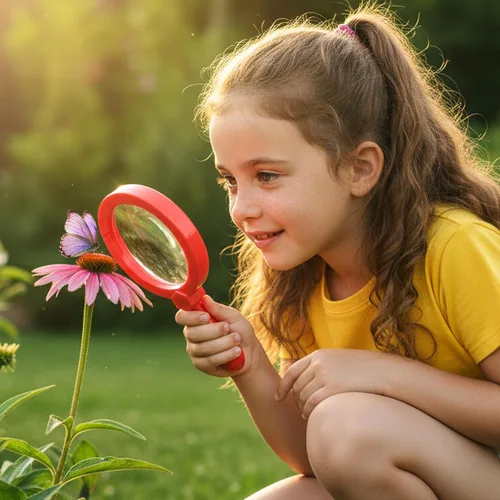Miniatura 7 de Lupa para niños con soporte, lupa de mano 5X, lupa portátil, lupa de aumento para niños para juegos de exploración, lectura, observación al aire Rojo