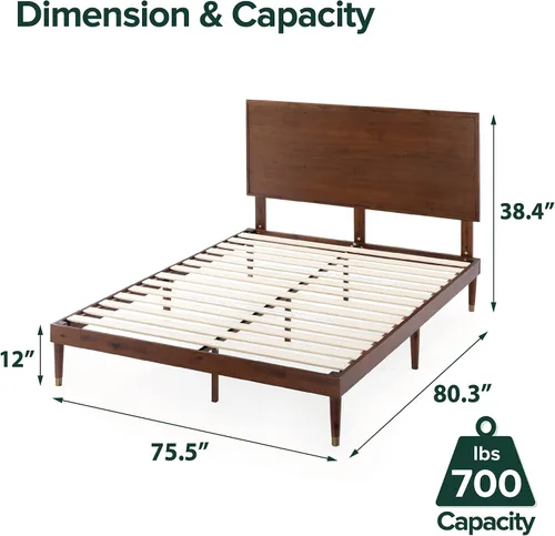 Miniatura 5 de Zinus Deluxe cama de madera estilo de medio siglo con cabecero, sin necesidad de colchon de resortes, Pino, Marrón