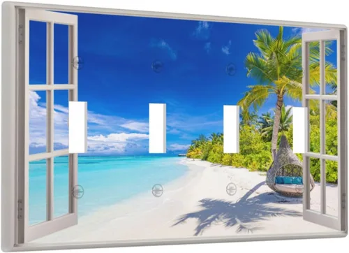 Miniatura 192 de Vista de ventana, isla tropical, playa, palmeras, cielo soleado, cubierta de interruptor de luz de palanca individual, placa decorativa de pared